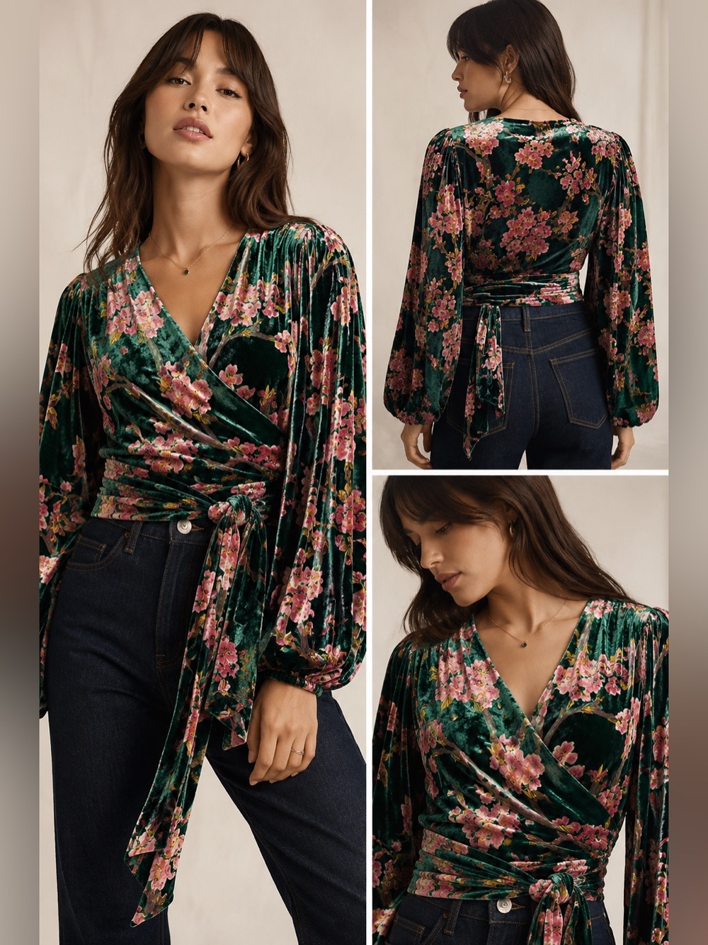 BUFFALO David Bitton Velvet Floral Wrap Top XL Boho Romantic Sleeve